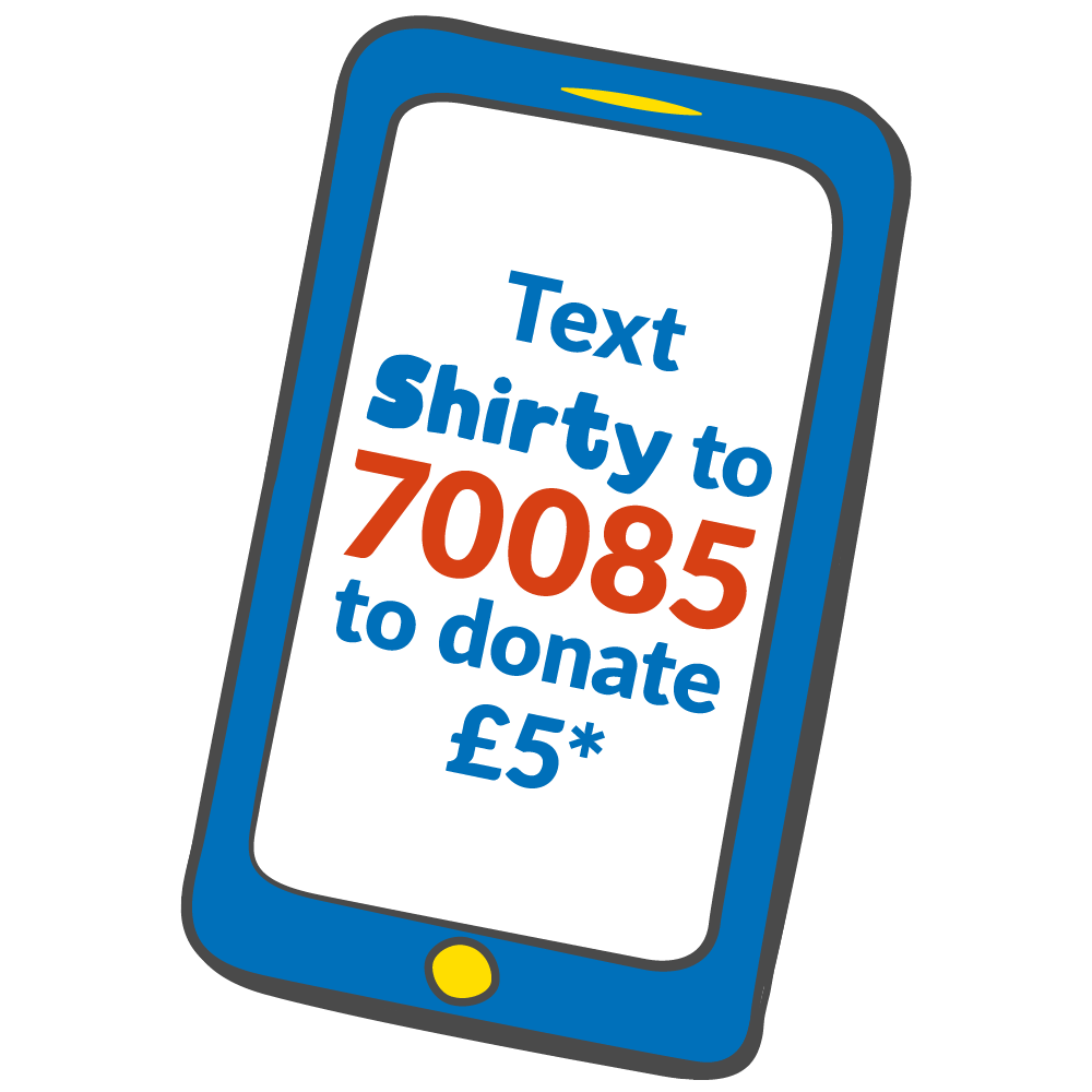 Text Shirty to 70085 to donate £5 - blue telephone illustration