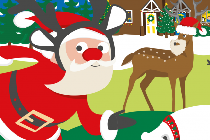 Illustration of Santa with his Reindeer and festive Robin