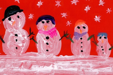 finger paint snow people on red card