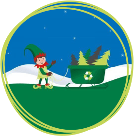 Illustration showing elf collecting Christmas trees in a sleigh