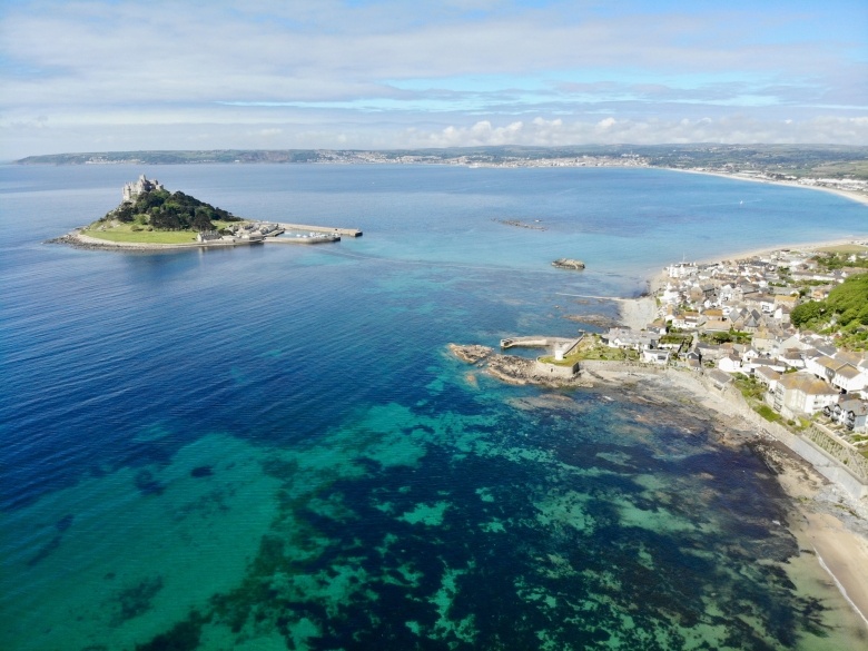 Aerial shot of St Michael's Mount on a sunny day