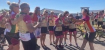 Birds on Bikes celebrating at the finish line thumbnail