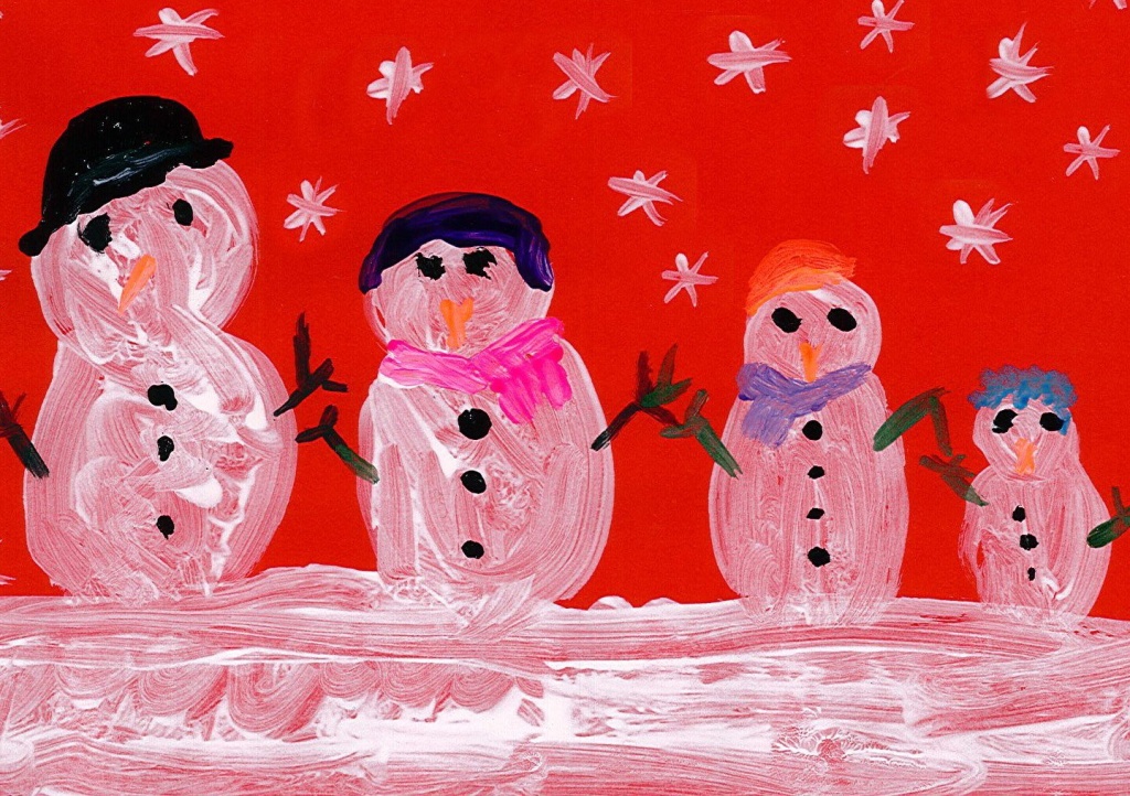 finger paint snow people on red card