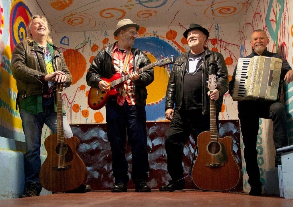 Musicians Steve Ruffe, Andy Knight, Mick Burke and Glenn Bower are holding a Birthday Bonanza Concert at Appledore Social Club on Sunday, December 8. Picture: Sarah Gallifent and skittle alley artwork by Sandy Brown