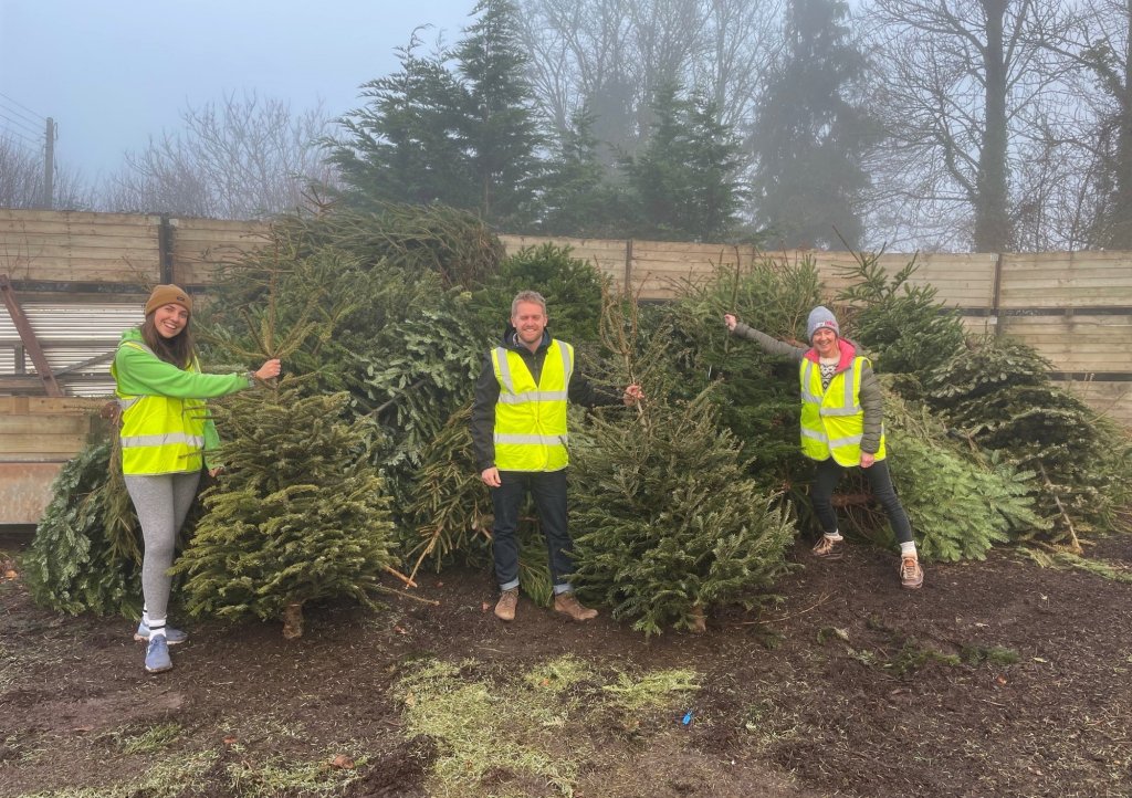 CHSW area fundraiser Mary Gray collects Christmas trees in Taunton with volunteers Richard and Marie from DryRobe