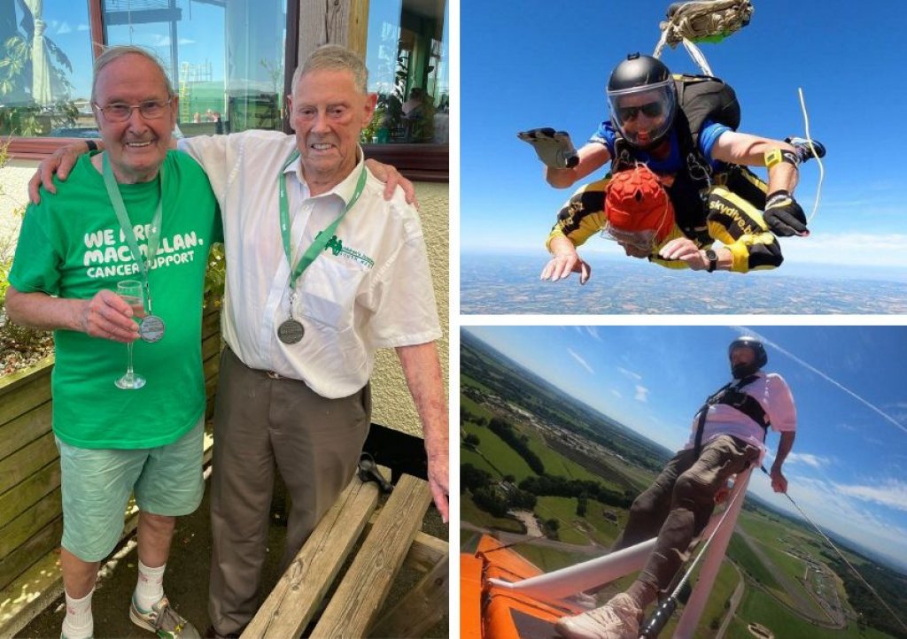 Ray and Arthur celebrate their wing walk and skydive. Pics: CHSW/Skydive.Buzz/Wingwalk.Buzz 