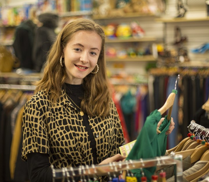Exeter University student Niamh O'Riordan-Mitchell volunteers in the Children’s Hospice South West charity shop in Sidwell Street, Exeter. Picture credit: Tim Lamerton Photography 