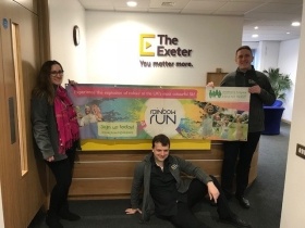 Healthcare and protection insurance specialist The Exeter will be the headline sponsor at Children’s Hospice South West's 2019 Exeter Rainbow Run. Pictured (from left) are Becky Penrose, James Greenaway and Ryan Tumulty