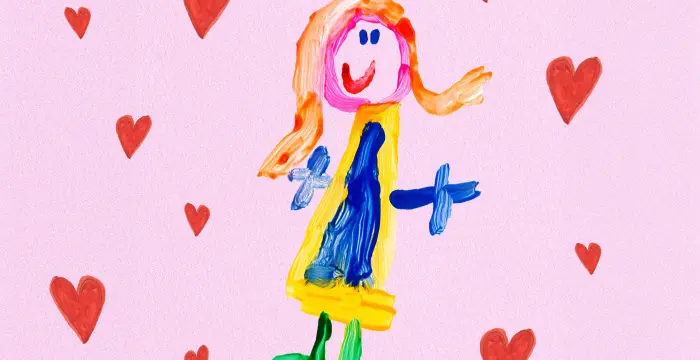 Messy play stick figure with hearts