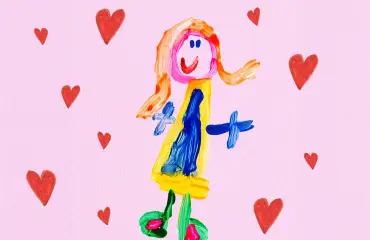 Messy play stick figure with hearts